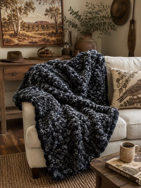 Handmade Chunky Knit Blanket 40×45 Black & Grey Soft Cozy Throw FREE SHIPPING!
