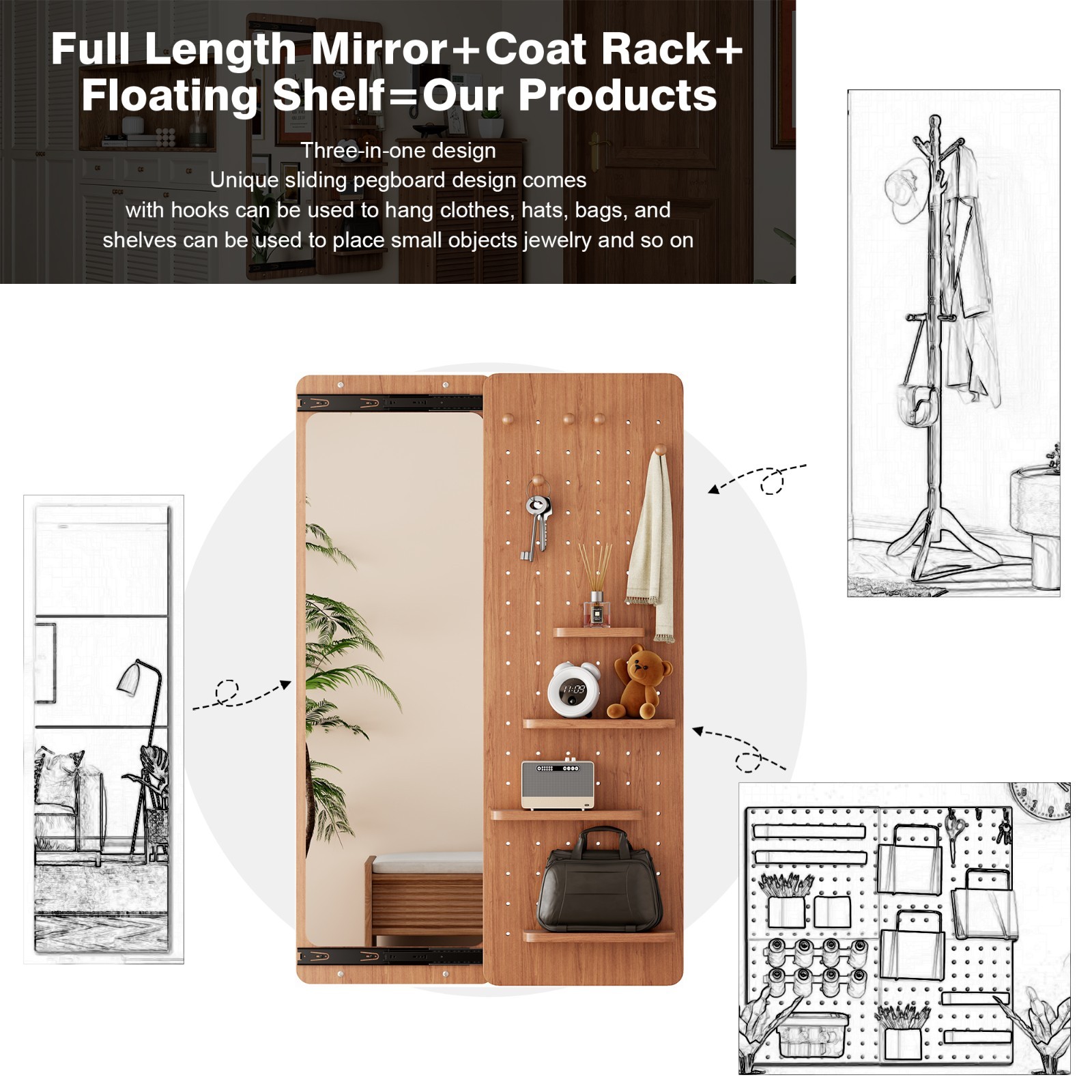 47.6 X 15.5 Inch Multi-functional Design Panel Wall-mounted Full-length Mirror