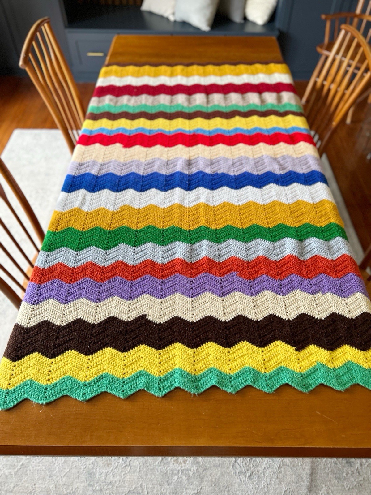 Vintage Rainbow Knit Afghan 70s/80s Granny Chevron 72” X 52”