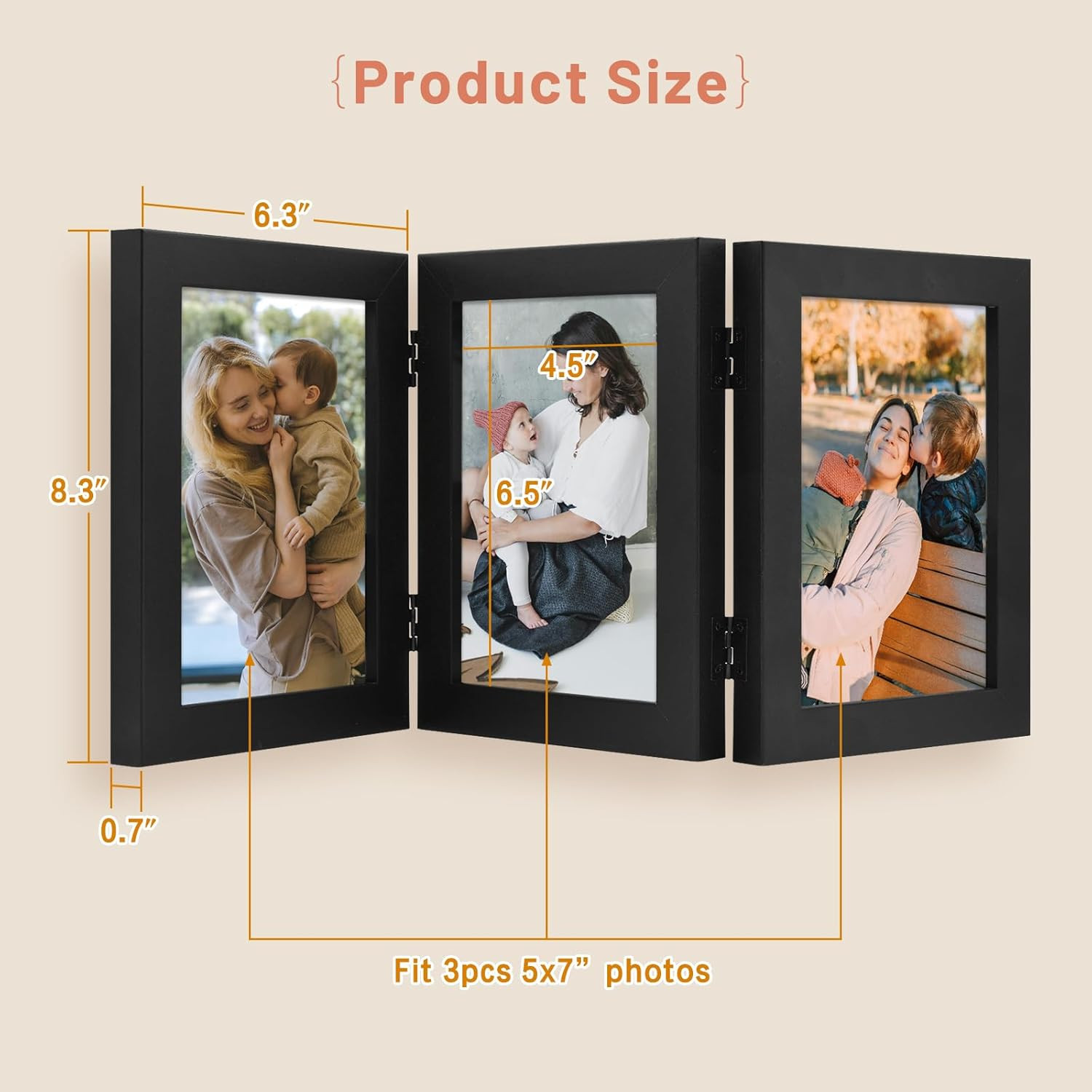 , 5X7 Three Picture Frame Trifold Hinged Photo Frame with 3 Openings, Desk Top F