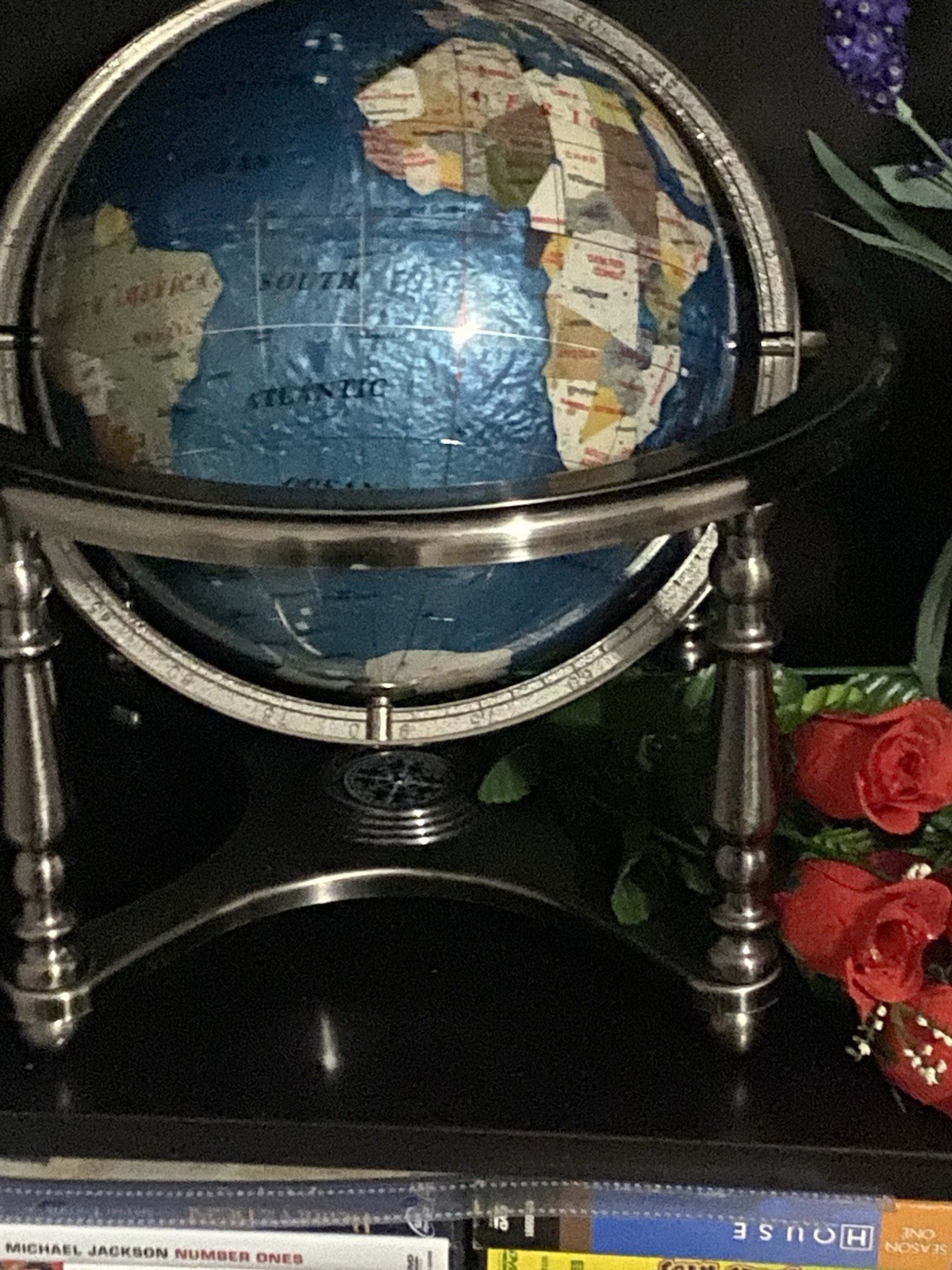 Blue Decorative Tabletop World Globe, Rotating, Silver Metal Stand Base