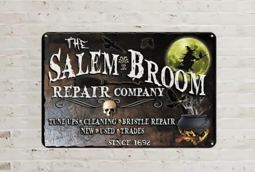 NEW The Salem Broom Repair Company, Tin Sign Witch Bike