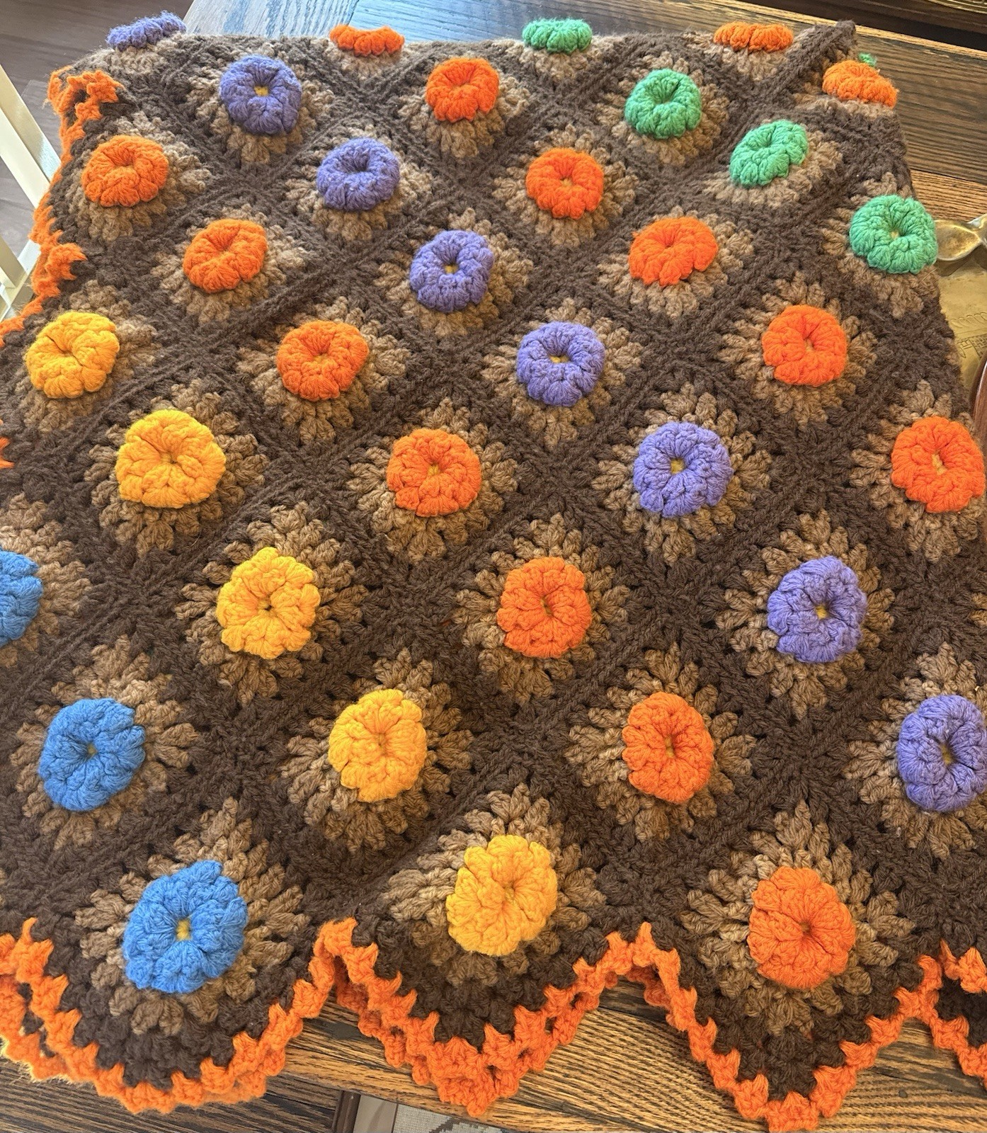 Vintage handmade crochet 3D multi-color flower afghan blanket 52×54