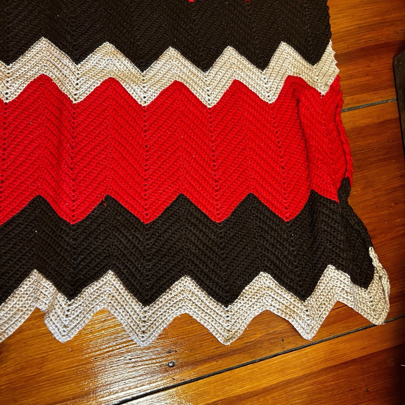 Handmade Crochet Afghan Chevron Throw Blanket, Red, Black & White 39.75”x62.5”