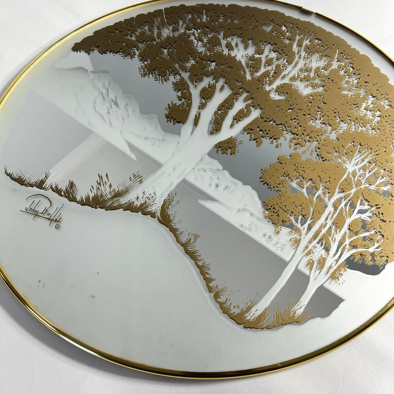 Vintage MCM Gold leaf Round Wall Mirror Tree Painted Design -20” Signed Retro