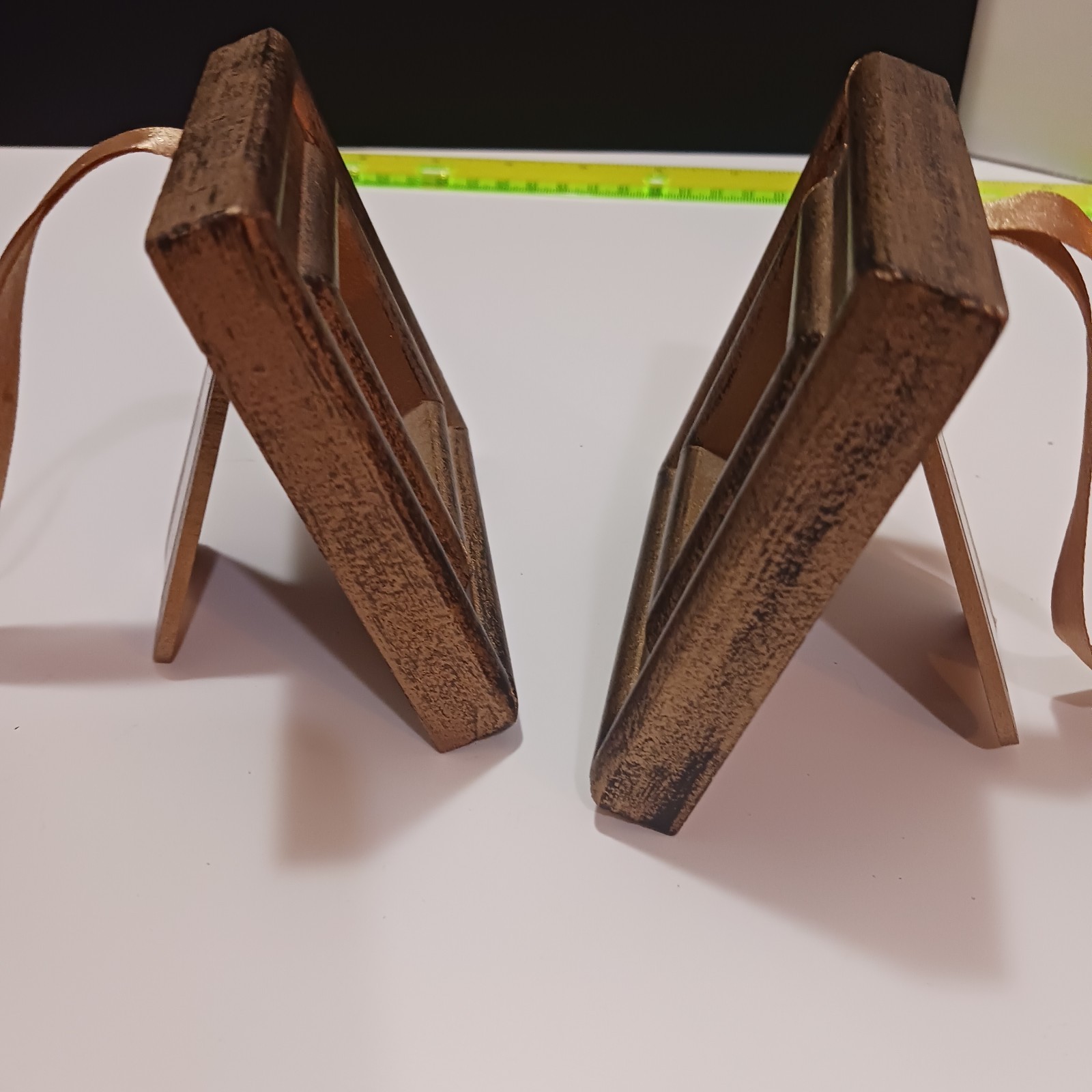 Set of 2 Distressed Gold/Brown Wood Square Photo Frames 1.5×1.5 Easel Ribbon