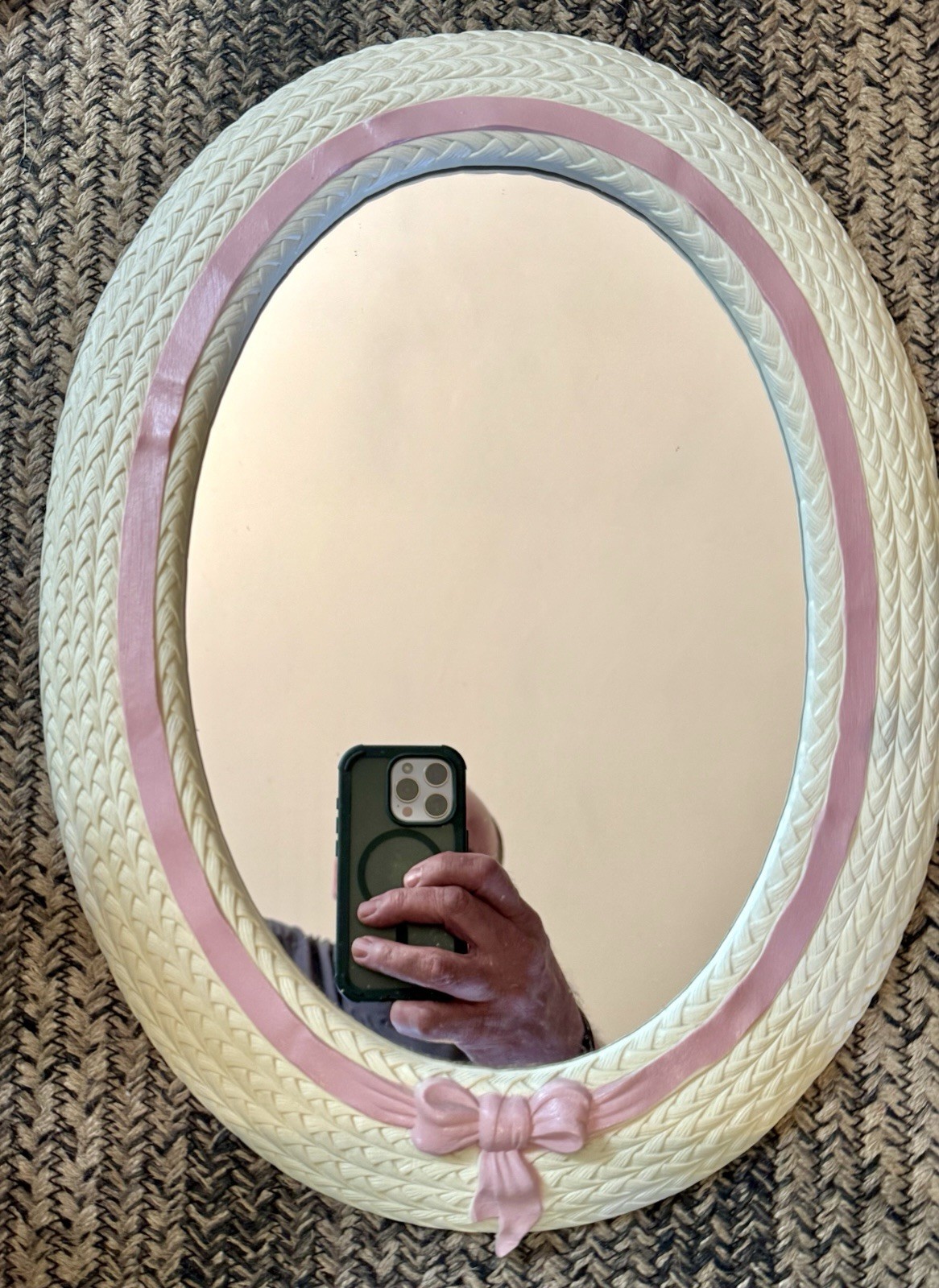 VTG Homco Burwood Pink Ribbon White Wicker 12pc Wall Decor Mirror Set Complete