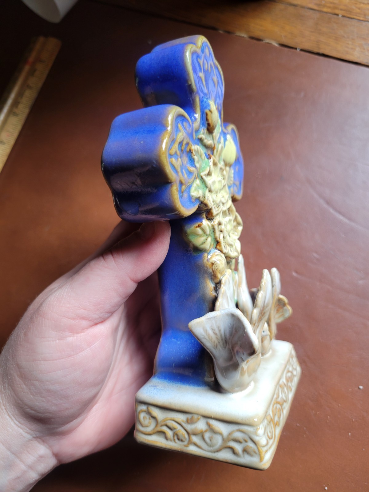 Ceramic Glazed Religious Inspirational Cross, Doves & Flowers Decor