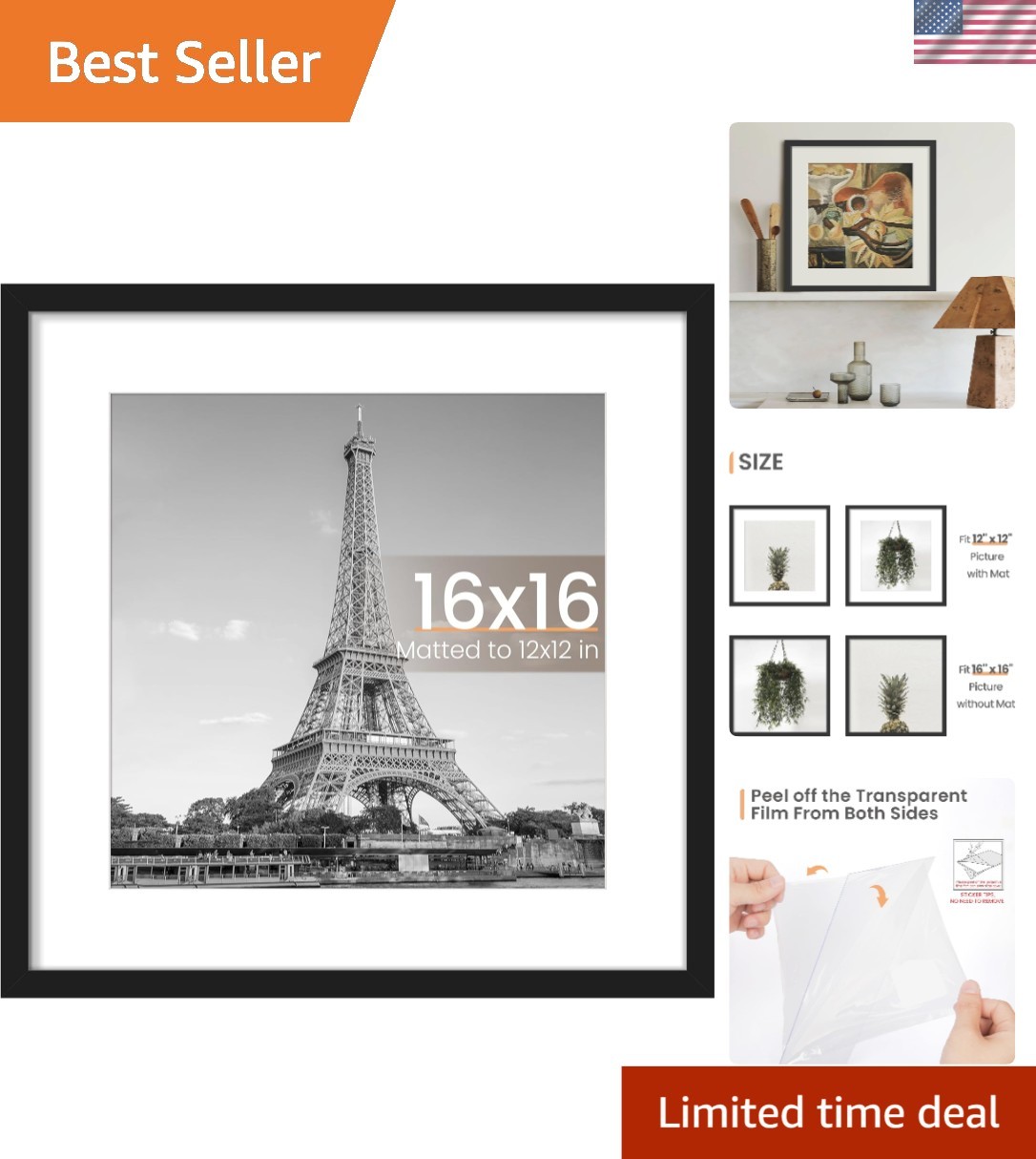 Versatile 16×16 Black Frame for Horizontal or Vertical Display – Matted Option