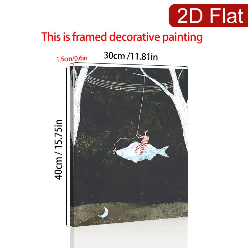 Clown on Giant Fish Swing Canvas Wall Art, Whimsical Night Sky Home Decor