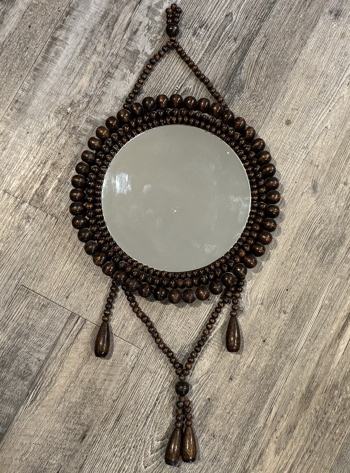 Vintage Hanging Wooden Beaded Round Mirror 1970s Boho Chic Eclectic Accent Wall