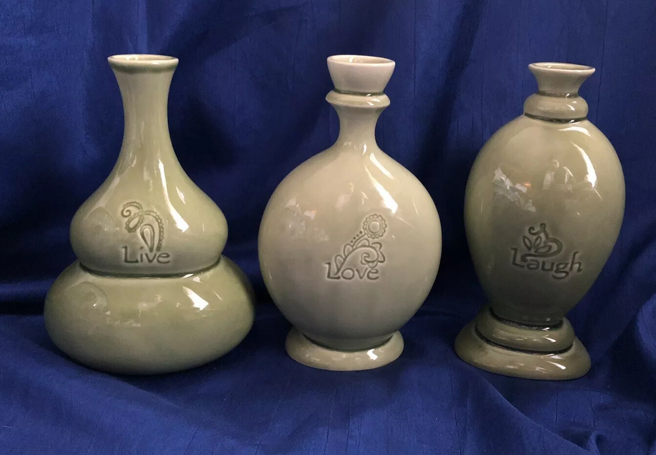 SET OF 3 VASES LIVE LOVE LAUGH GREEN VARIOUS SHAPES VINTAGE OCTOBER HILL