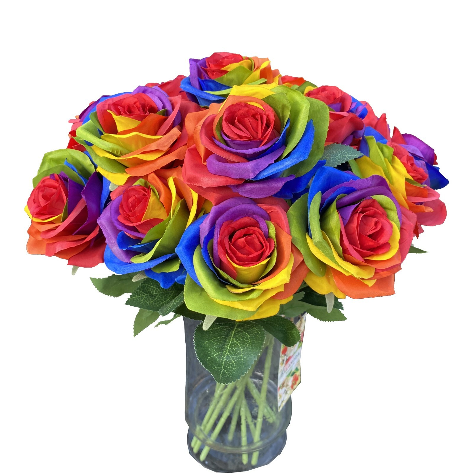 8pcs Artificial Silk Rainbow Rose Flowers DIY Floral Arrangment -Red center
