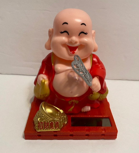 SOLAR POWERED Happy BUDDHA With Fan figuire Toy-Red