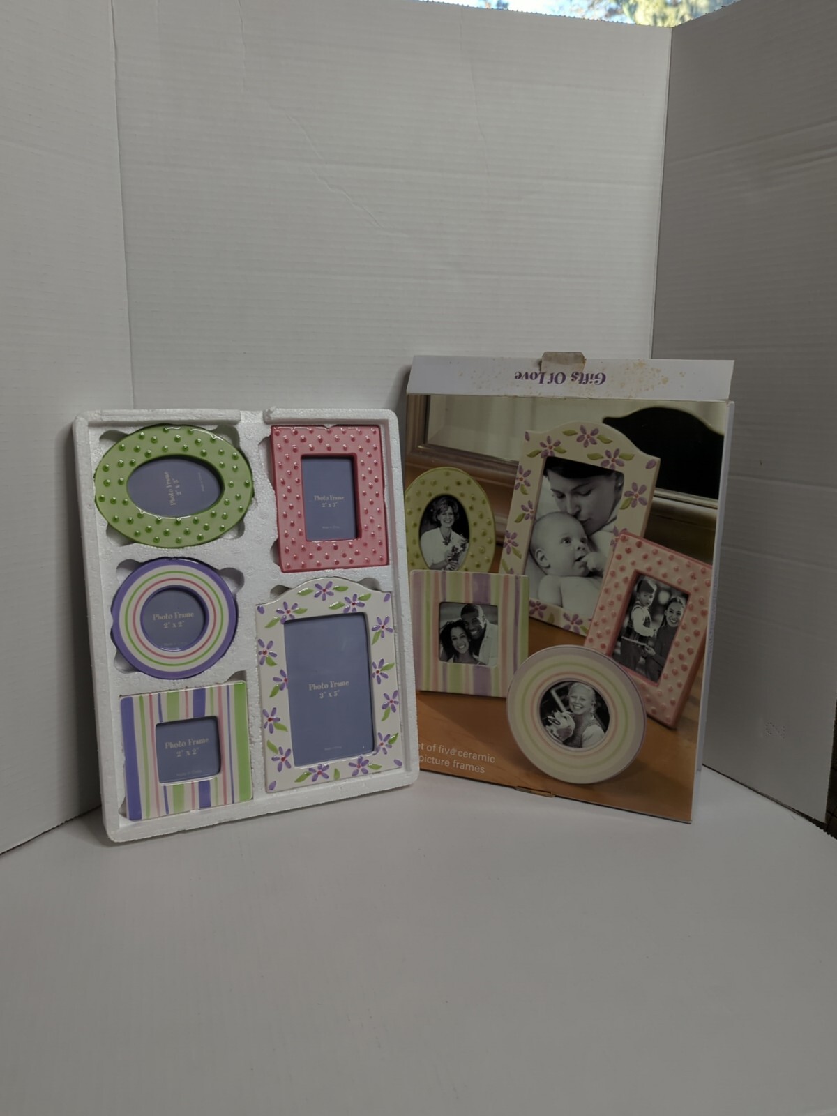 NEW Set Of 5 Ceramic Picture Frames Set Pink Purple Green Floral Polka-dot