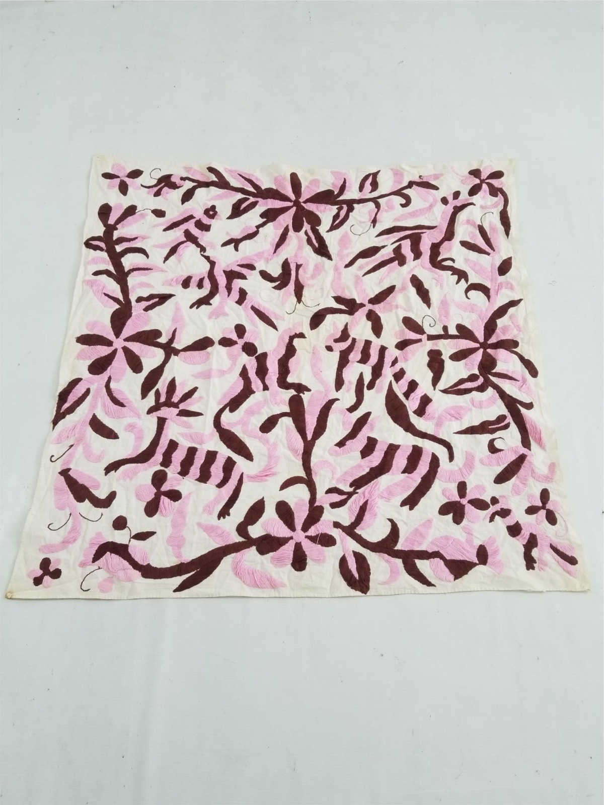 Vintage Traditional Mexican Otomi Hand-Embroidered Floral Textile Panel 35×35 in