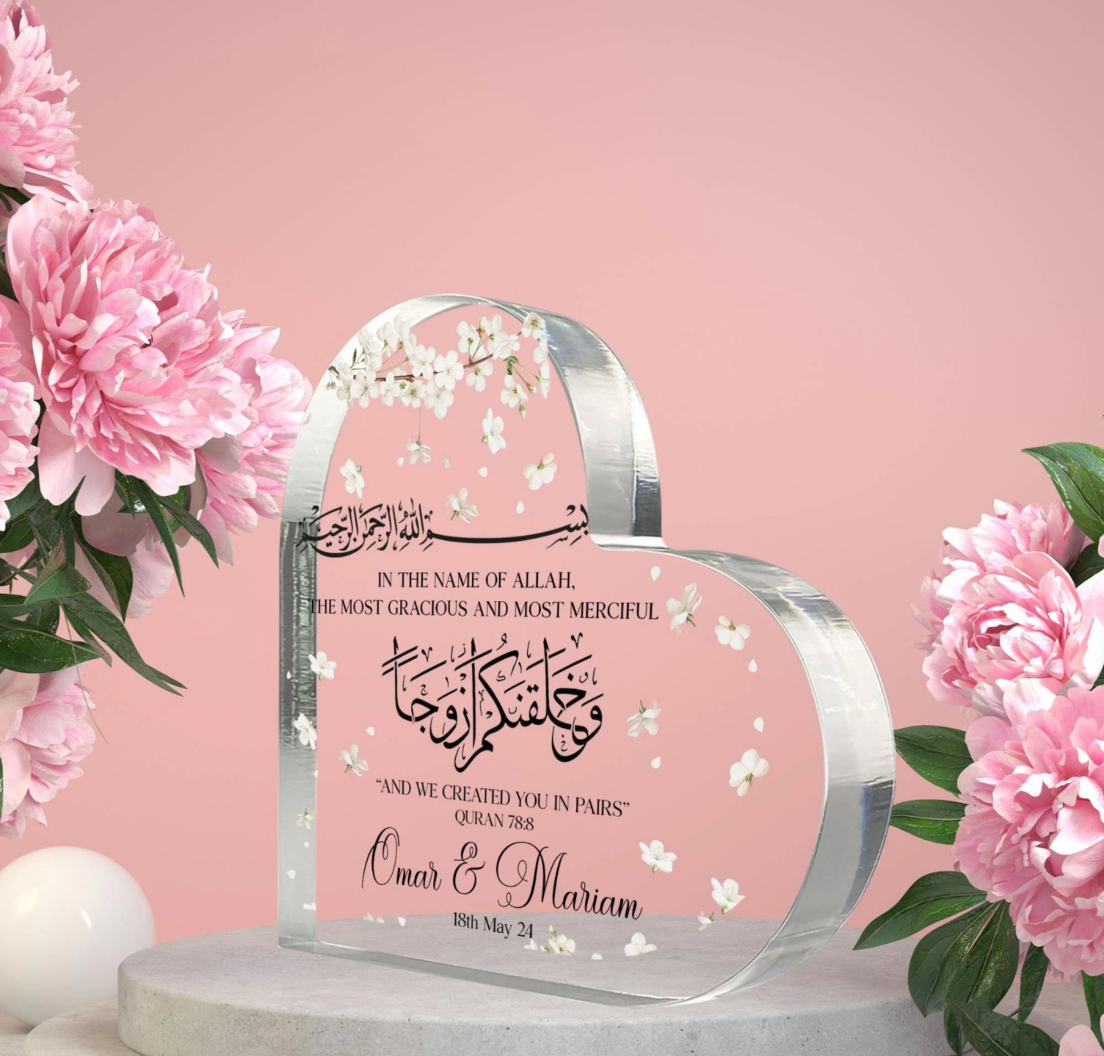 Personalized Muslim Couple Heart Acrylic Plaque Islamic Wedding Anniversary Gift