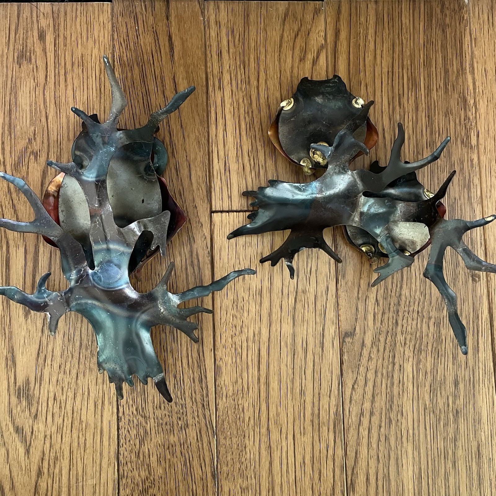 Vintage Pair MCM Brutalist Metal Owls Wall Art Hanging Sculpture Gold Copper