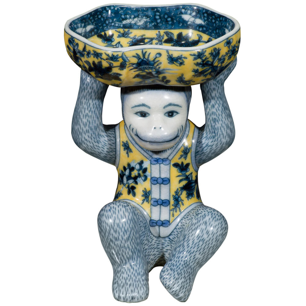 US Seller – Blue and Yellow Chinese Porcelain Monkey Holding Lotus Dish