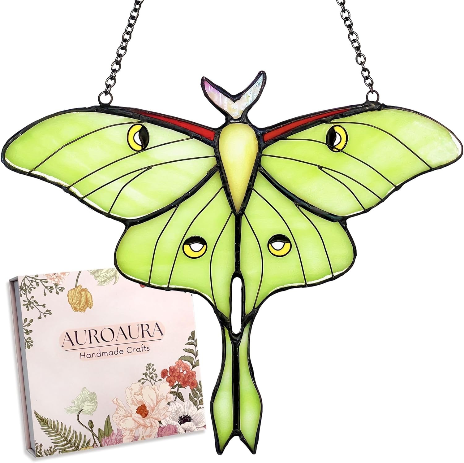 Green Luna Moth Stained Glass Window Hanging Handmade Real Glass Suncatcher