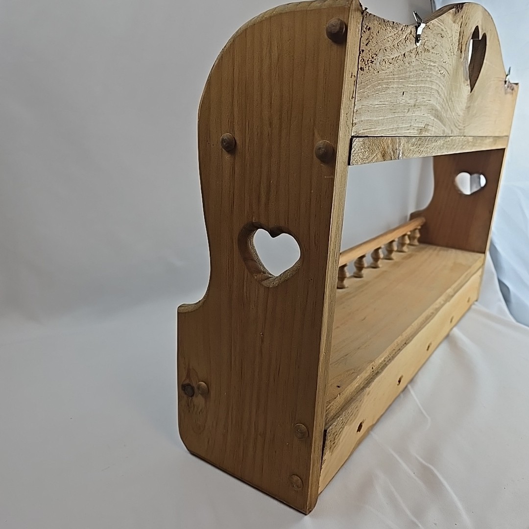 Vtg Handmade Wood Heart Cutout Trinket Shelf Wall Hanging Pegs 26&Prime; Cottagecore