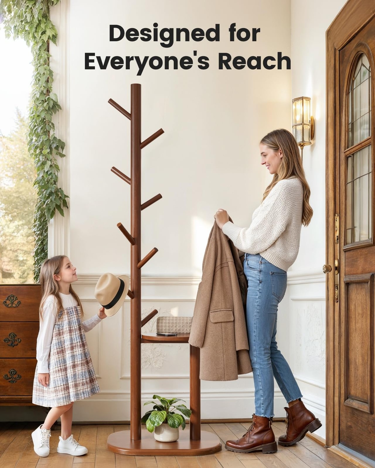 Pipishell Coat Rack, Freestanding Hall Tree with 8 Hooks & Storage Shelf, Sol…