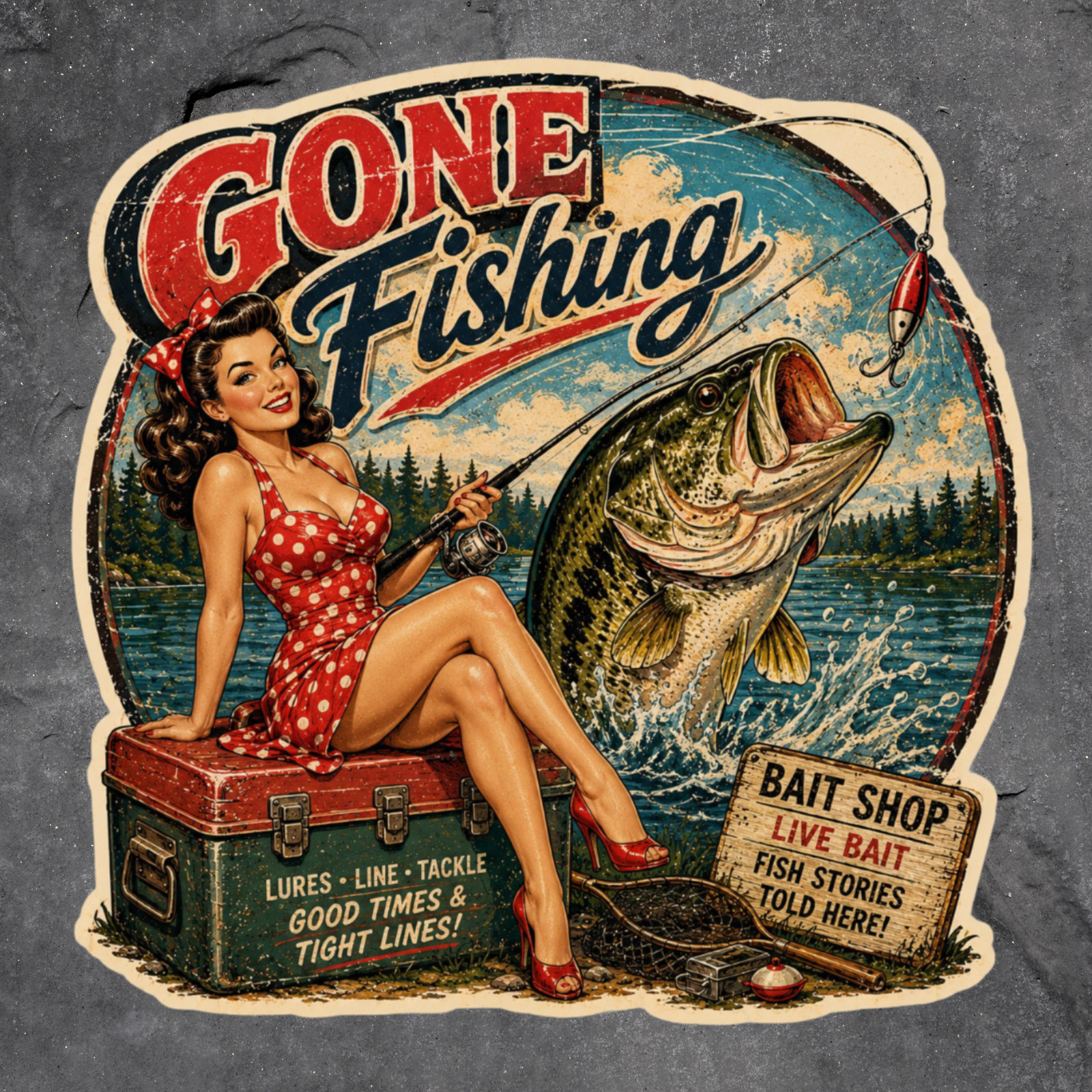 Pinup Girl Sticker Vinyl Decal Gone Fishing Retro Bass Angler Lake Life