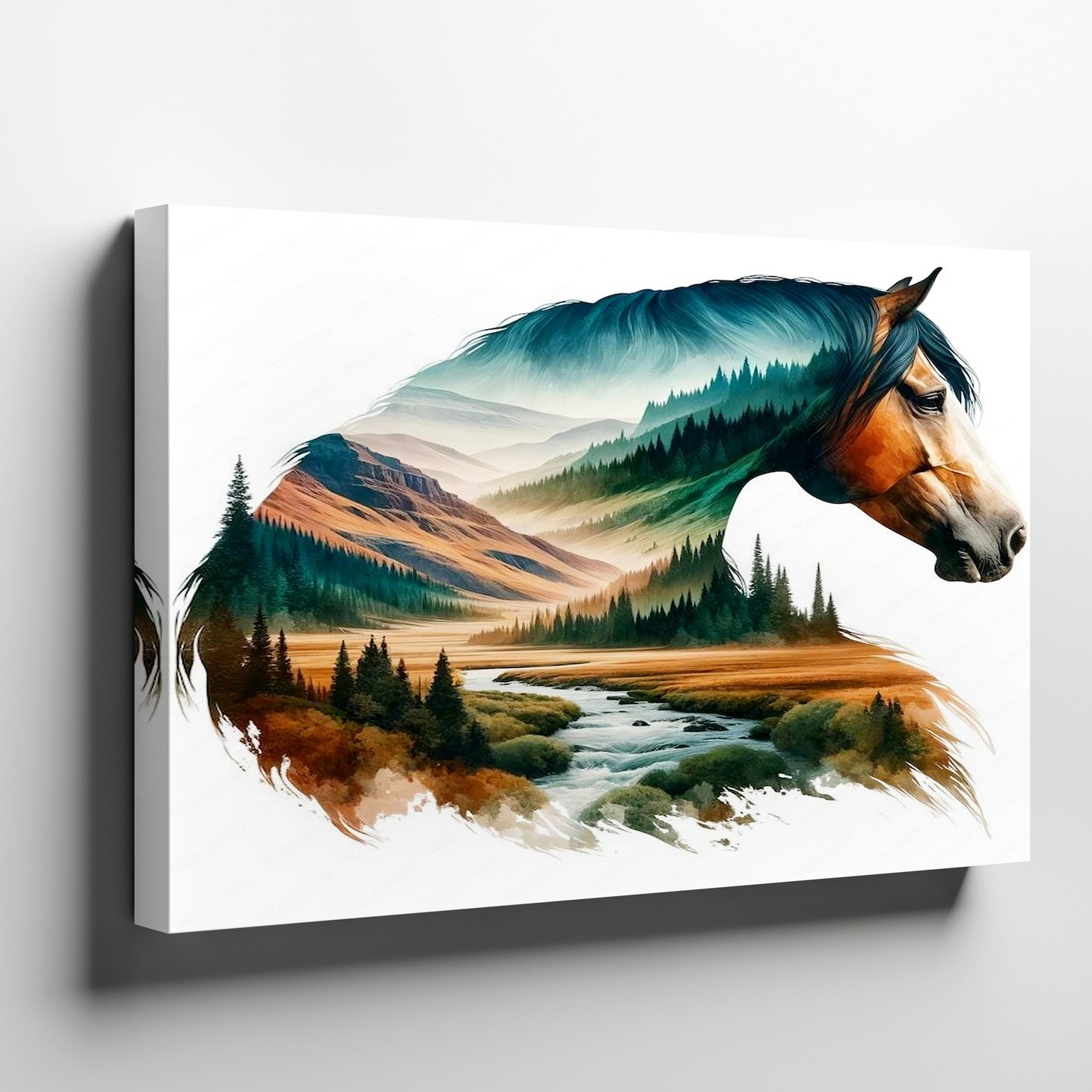 Horse and Mountain Landscape Canvas Wall Art Nature Scene River Forest Print