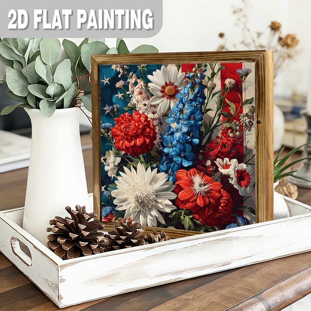Patriotic USA Floral Flag Wooden Plaque 4th Of July Red White Blue Home Decor