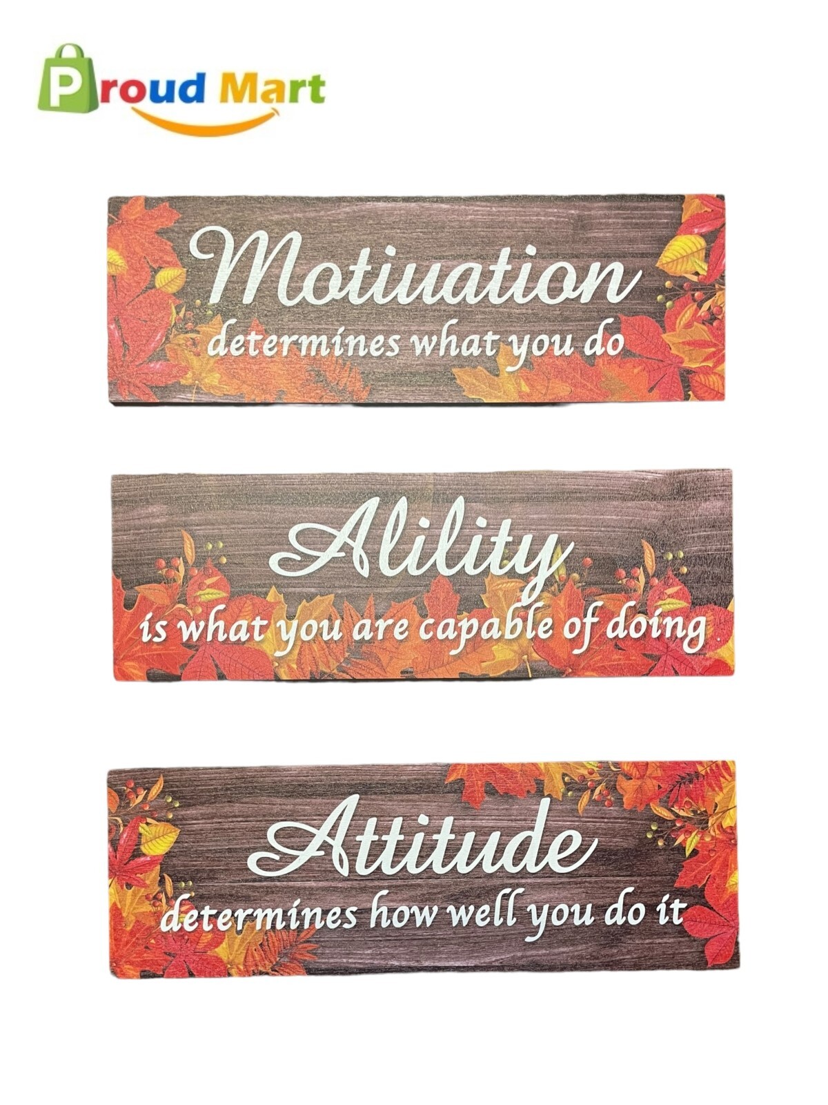 3 Thin Fall Leave Wooden Hanging Wall Door Sign Attitude Ability Motivation 12×4