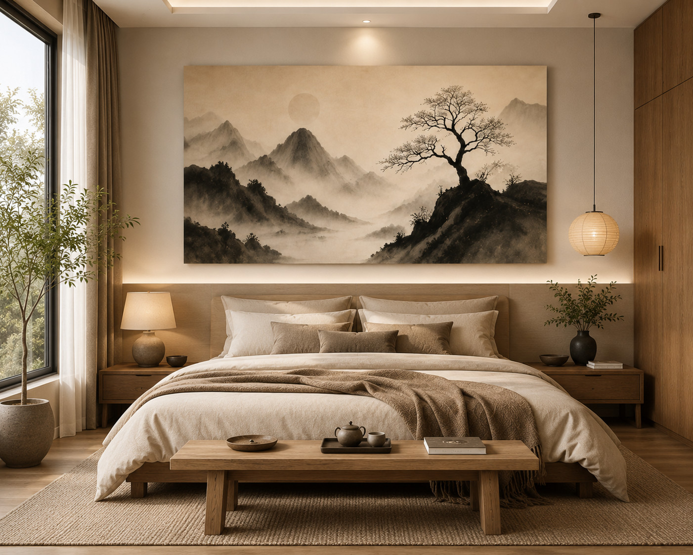 Japandi Canvas Print Neutral Landscape Wall Art Zen Mountain Living Room Decor