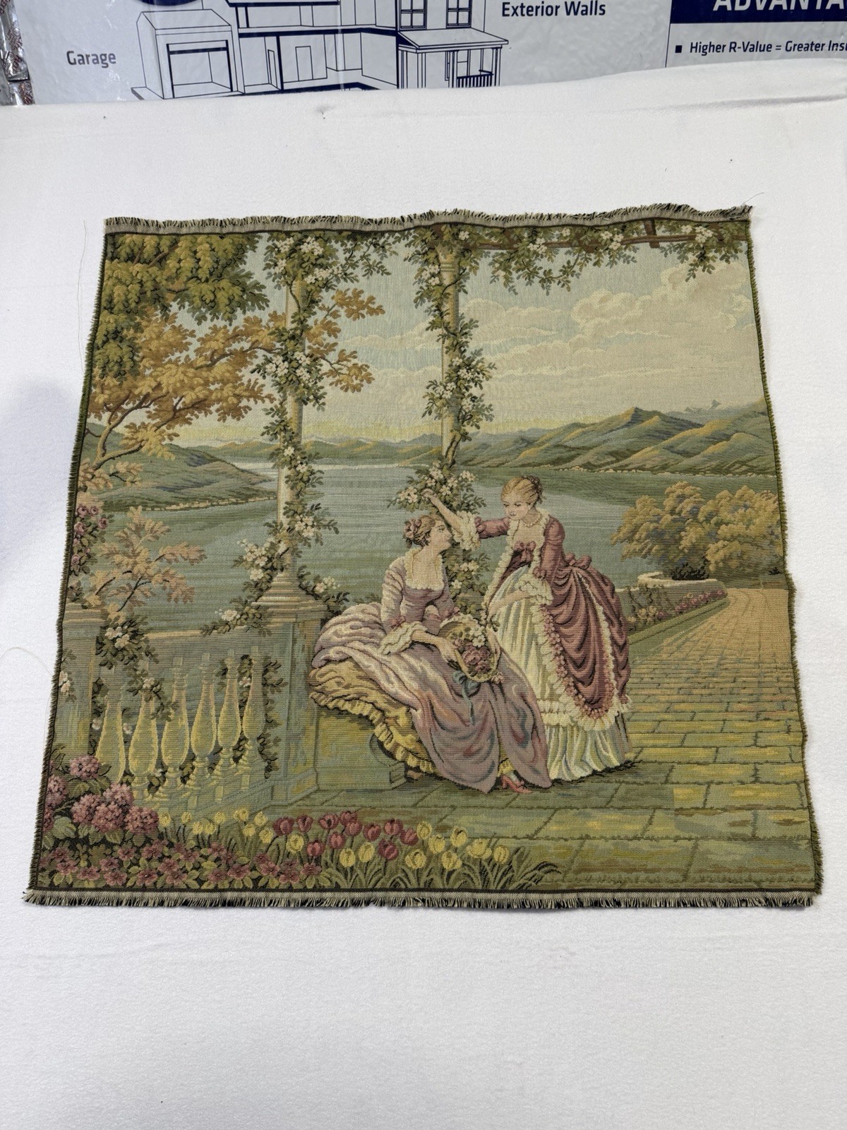 Vintage Woven Tapestry Wall Hanging Victorian Ladies Garden Scene 29×29 Fringe