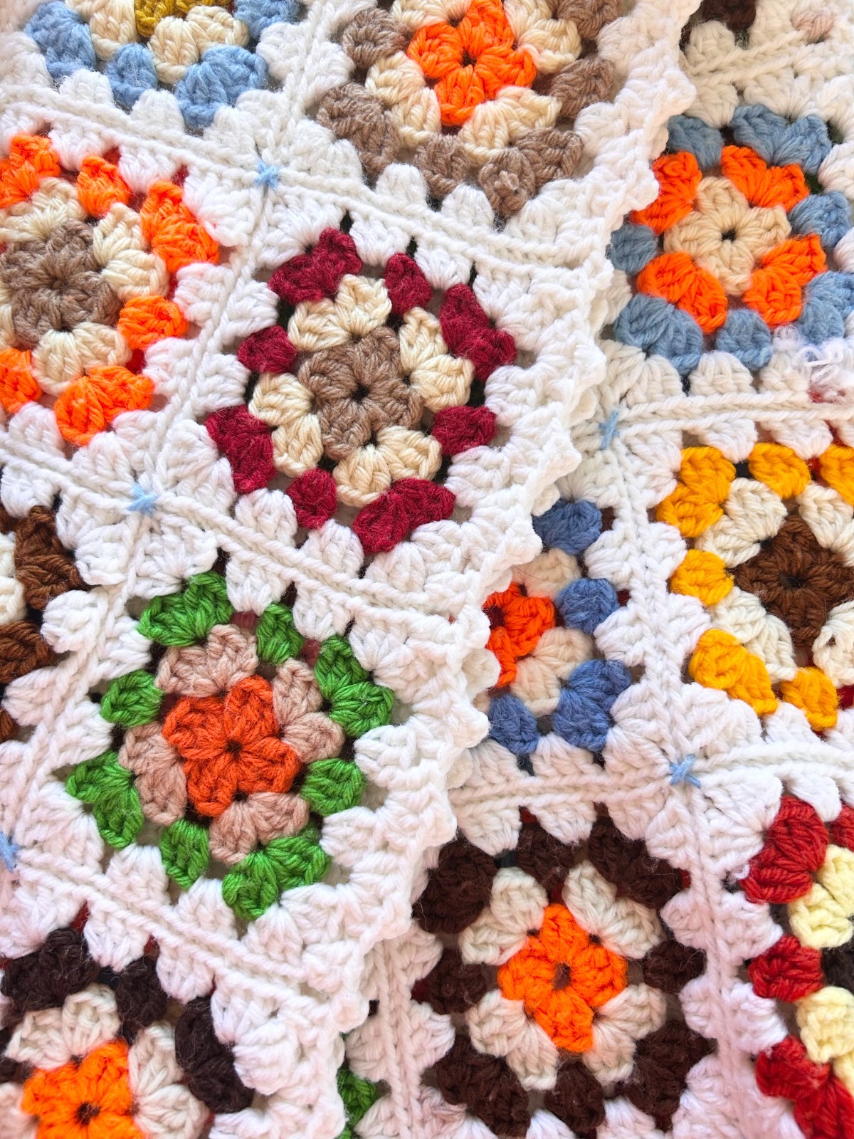 Hand Crochet Granny Square Afghan Throw Blanket 36×50 Multi Color White Trim