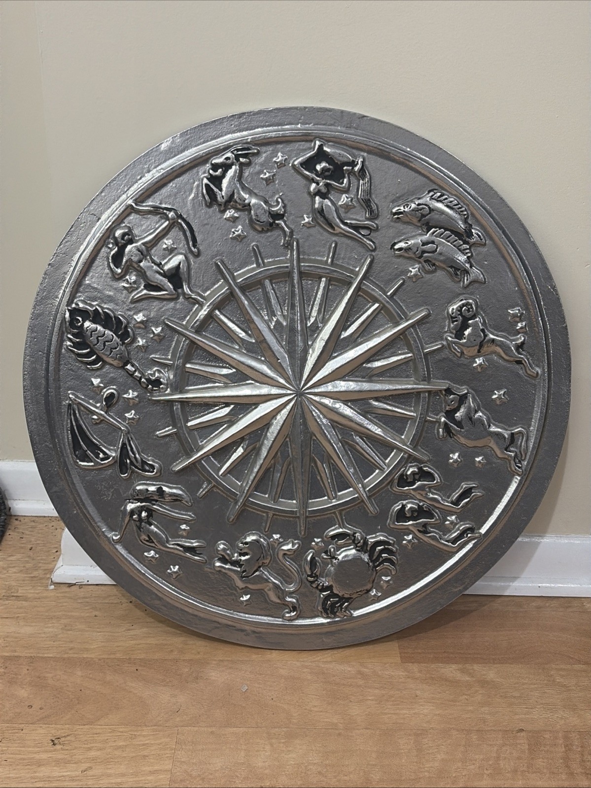 Rare Zodiac, Sun, Starburst astrology Metal Wall Plaque 3D Silver Color 23.5” D