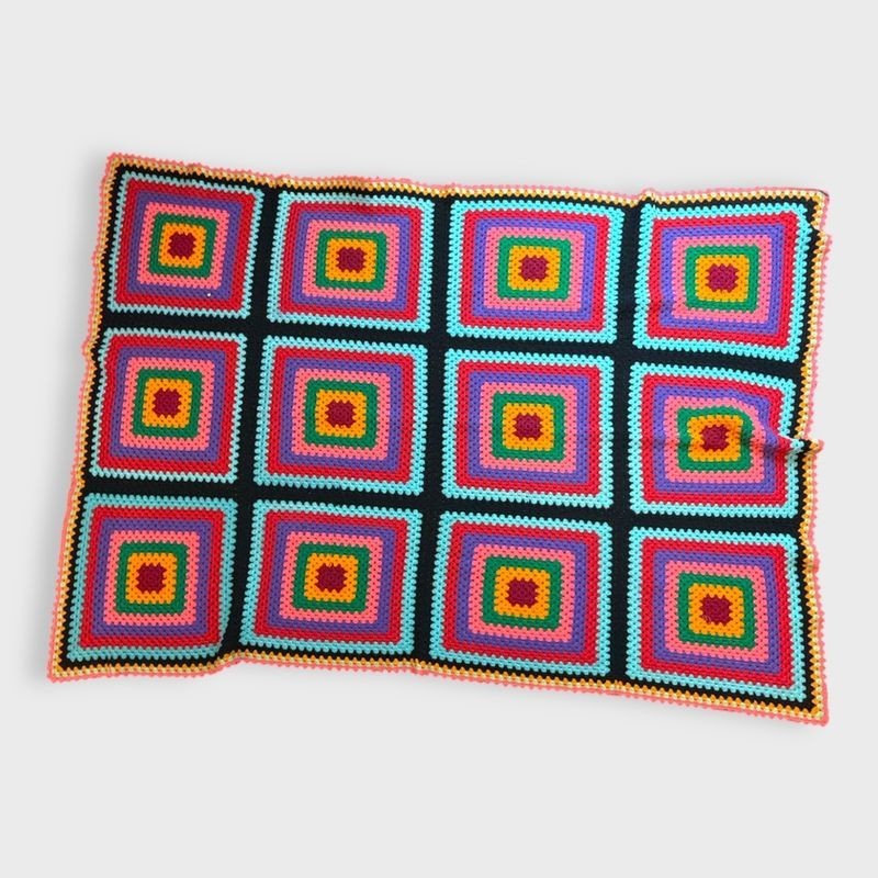 Vtg Roseanne Granny Square Afghan Blanket Black Multicolor Crochet Boho 62×81