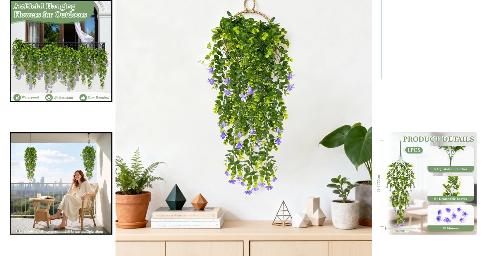 UV Resistant Purple Morning Glory & Eucalyptus Hanging Flower Vine for -Round…