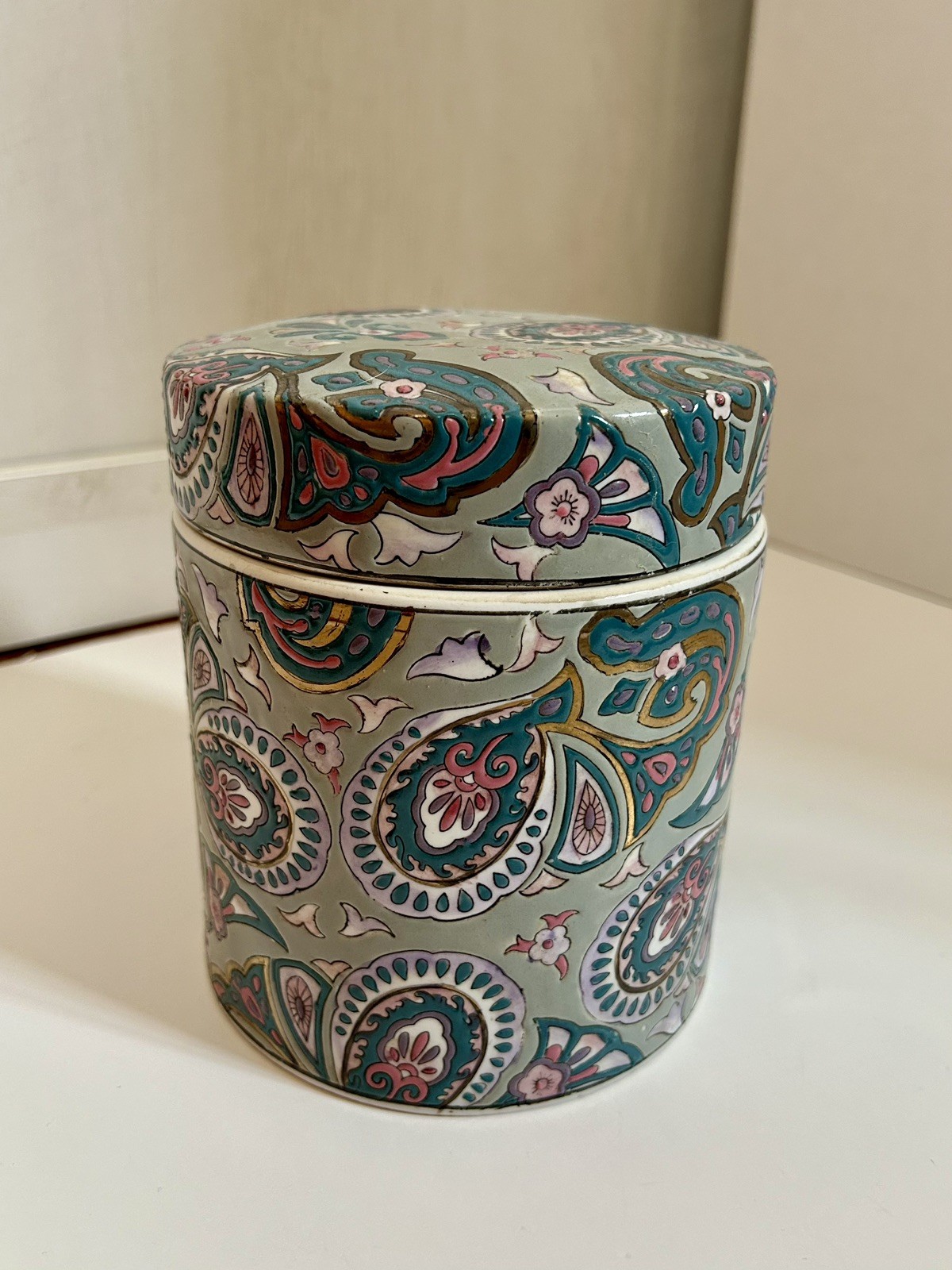 Decorative Ceramic Jar with Lid 6&Prime; — Teal & Pink Paisley Chinoiserie Canister