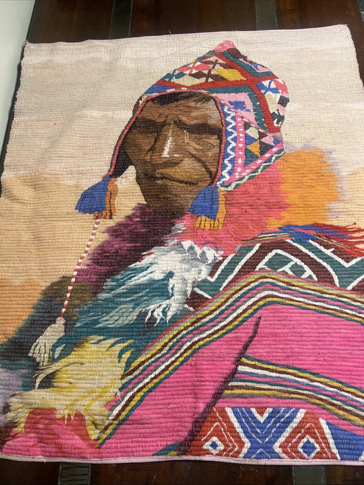 Mid Century Peruvian Folk Woven Wall Tapestry Cultural Art Woman Peru, 44×37
