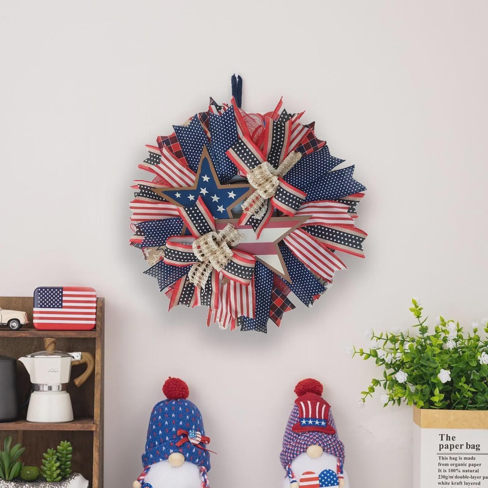Patriotic Wood Wreath Star, America 250th Anniversary, 4th of July Door Sign