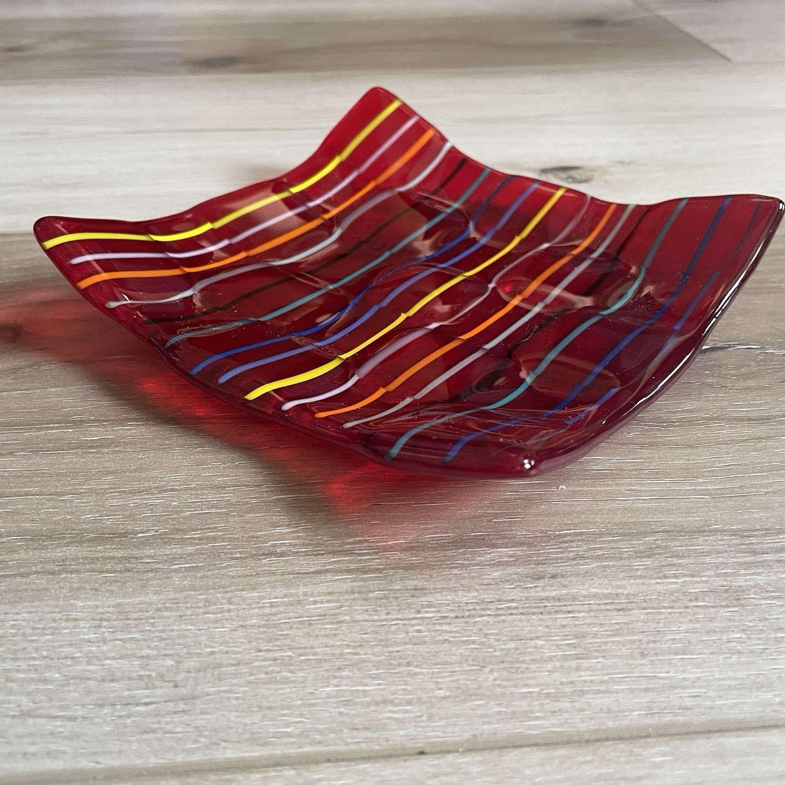 Decorative Glass Dish Red With Multicolor Stripes Handmade