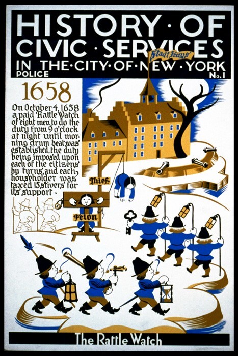 1658 NEW YORK THE RATTLE WATCH CRIME HISTORY CIVIC SERVICES VINTAGE POSTER REPRO