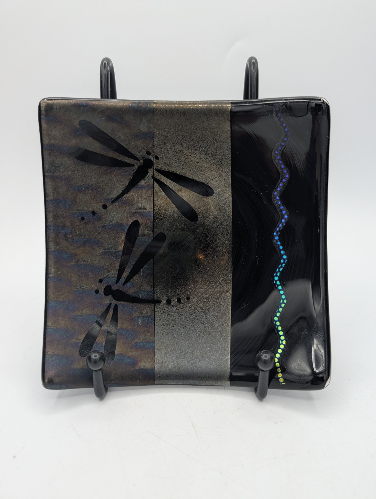 Fused Art Glass Dichroic Black Dragonfly Trinket Dish Square