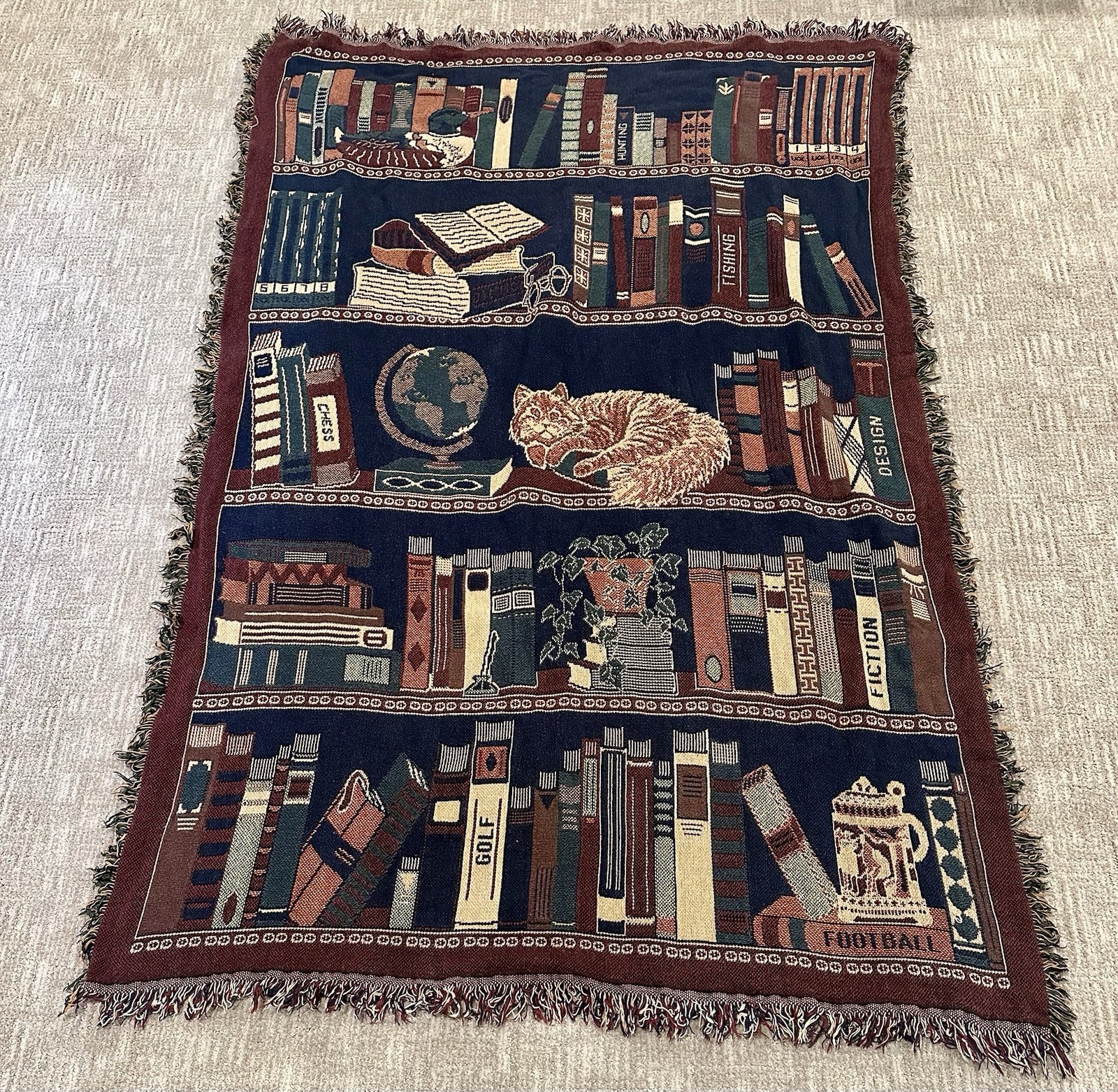 VTG Goodwin Weavers Tapestry Fringe Throw Blanket Bookshelf Cat Duck Sport 46×68