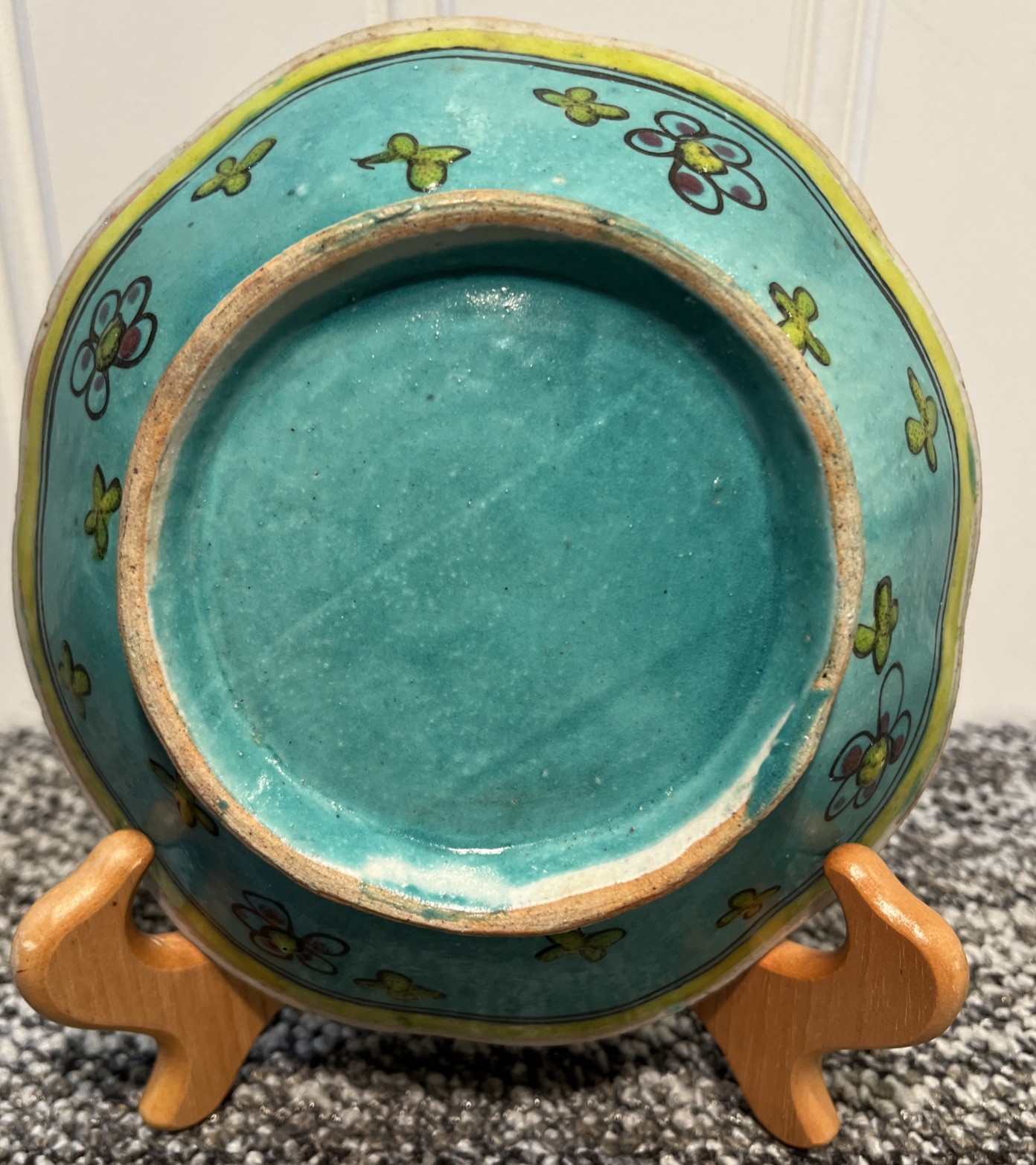 Beautiful Handmade & Hand Painted Decor Bowl Turquoise w/ Flowers & Butterflies
