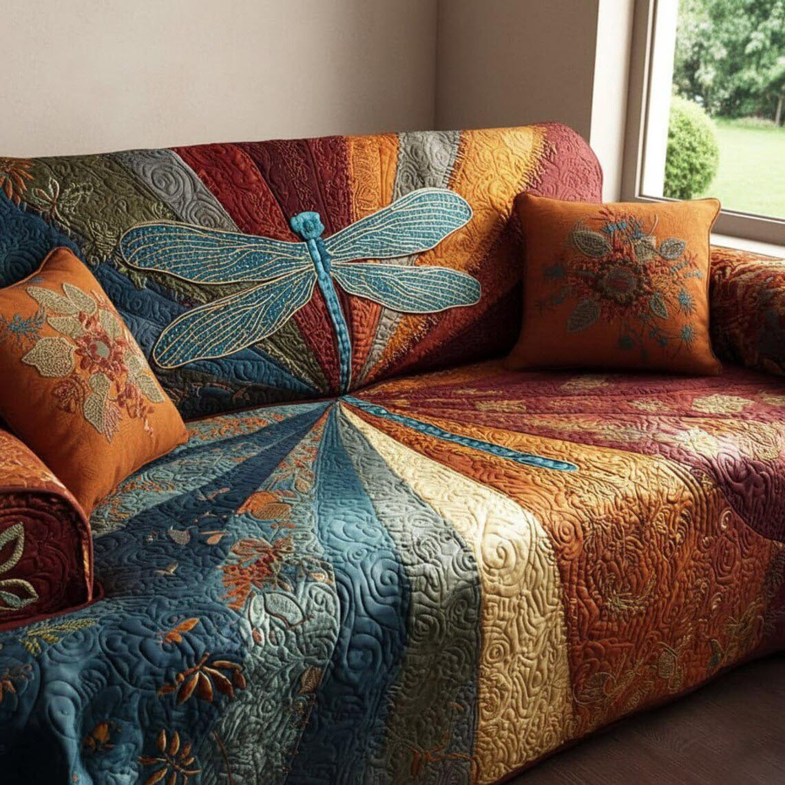 Quilted Sofa Cover Dragonfly Pattern Couch Protector Furniture Slipcover