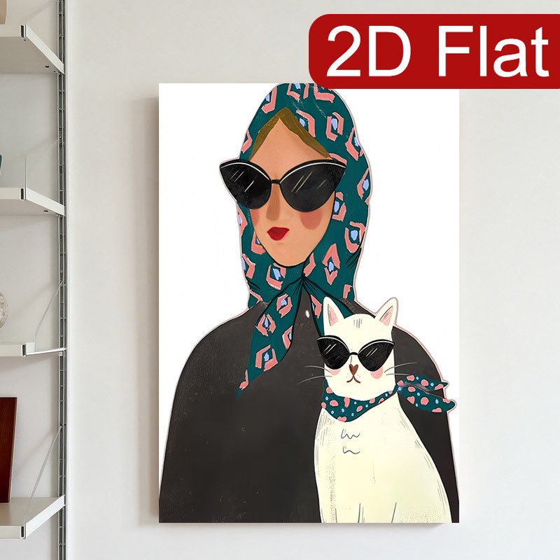 Stylish Woman with Cat Matching Sunglasses Canvas Wall Art, Fashion Pet Decor