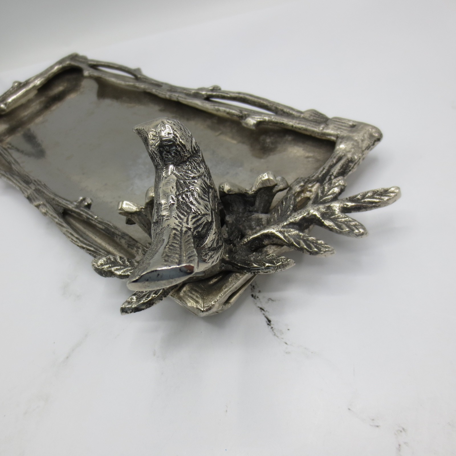 Metal Silver Tone Rectangle Plate Dish Bird Flowers Decorative Home 12&Prime; X 5&Prime;