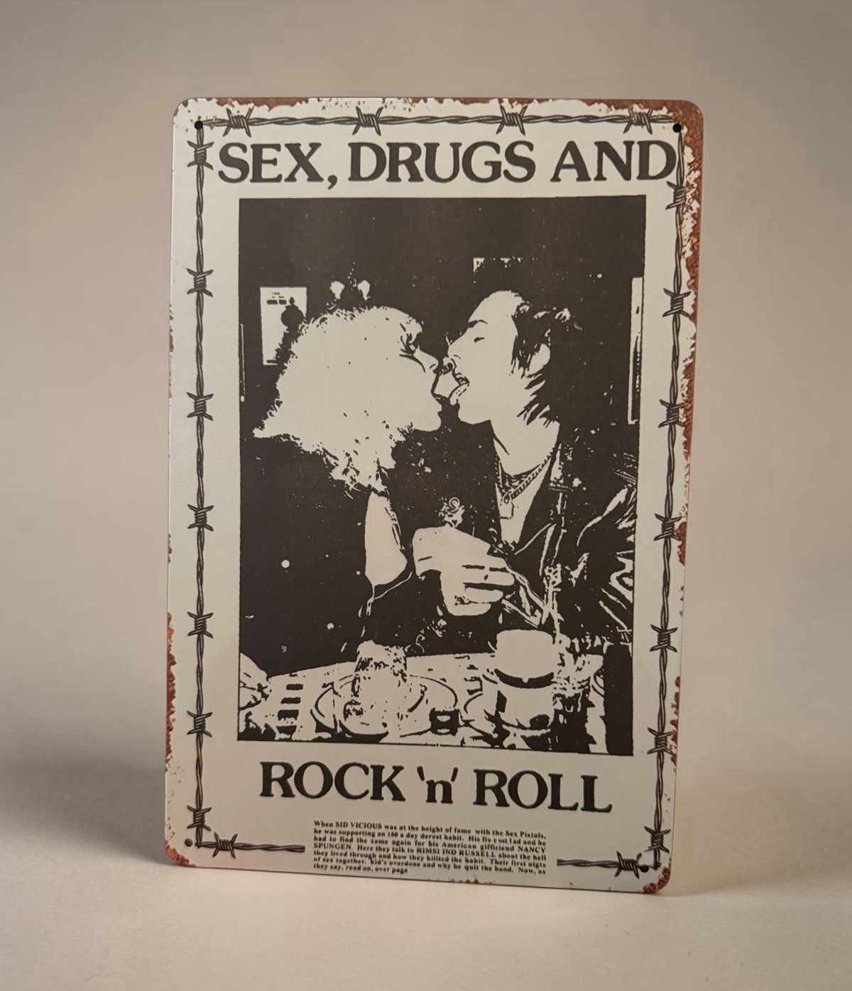 Sex, Drugs and Rock &lsquo;n&rsquo; Roll Metal Decorative Sign, Rectangle, Black/White