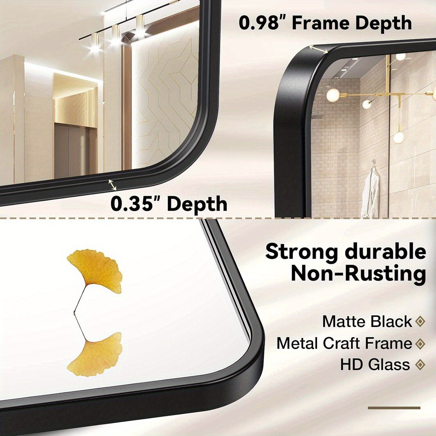 Black metal framed rounded rectangle bathroom mirror 3 sizes Matte black