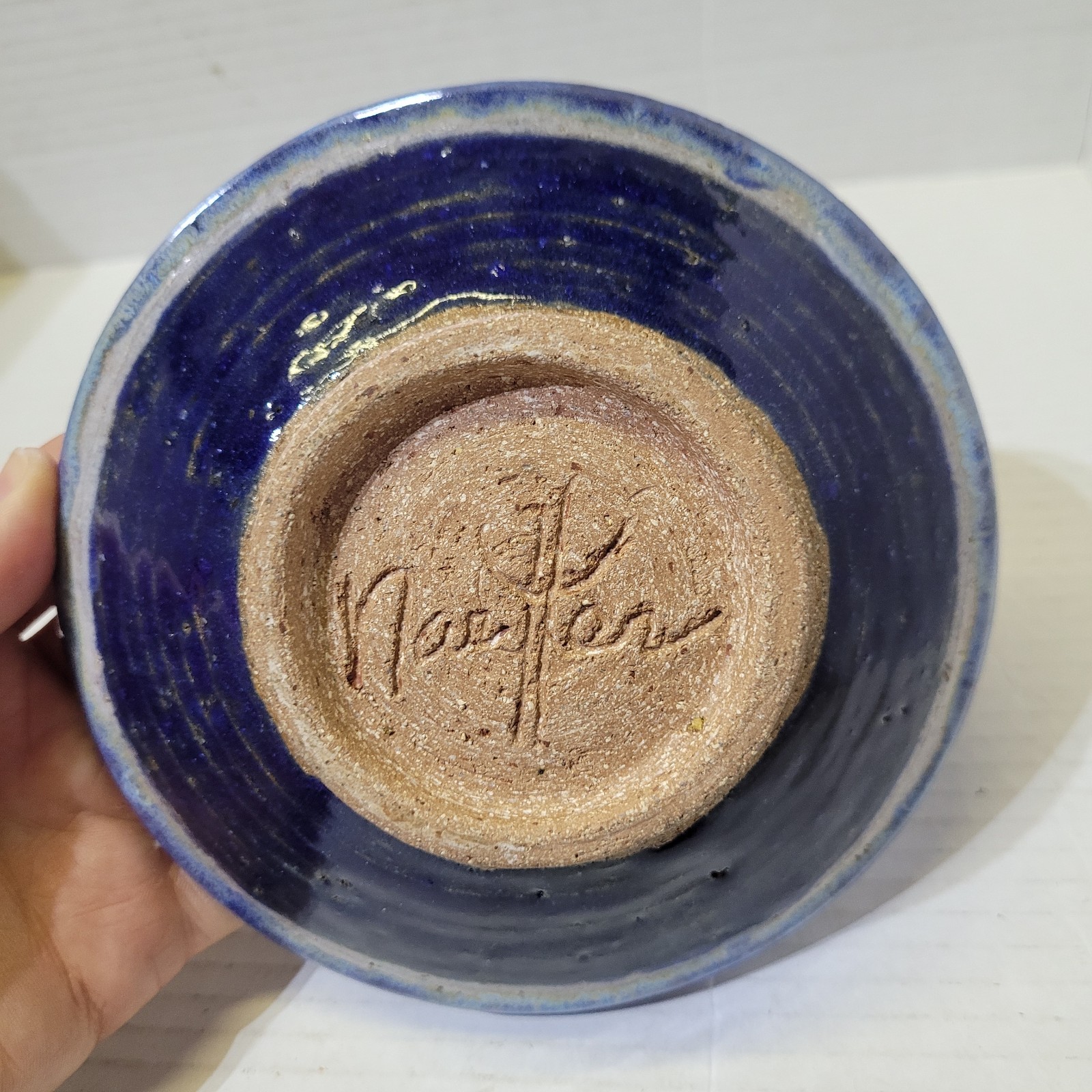 Stoneware Bowl Blue Glaze Camel & Shepherd Design – 6.25×1.75in